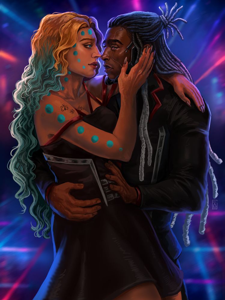 An ilustration of a couple dancing. 
The woman has long curly hair, blonde that fades into blue. She has tan skin and blue dot markings all over her face and arms. She wears a black short dress. 
The man is dark skinned and has metal augmentations in his face. He has very long dreadlocks that start black and fade to white. He wears a tuxedo with red accents. 
They are characters from Sea of Stars, an IF novel created by 13leagues. The woman is the customizable MC, and the man is Jakari Memphis. 
