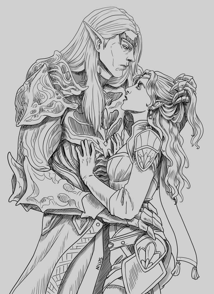 A couple of elves. Tall male is Mannimarco from Elder Scrolls Online. He is holding a shorter bosmer elf by the waist while he plays with her hair with a frown on his face. The girl has her hands on his chest, looking up at him with a surprised / embarassed expression.  