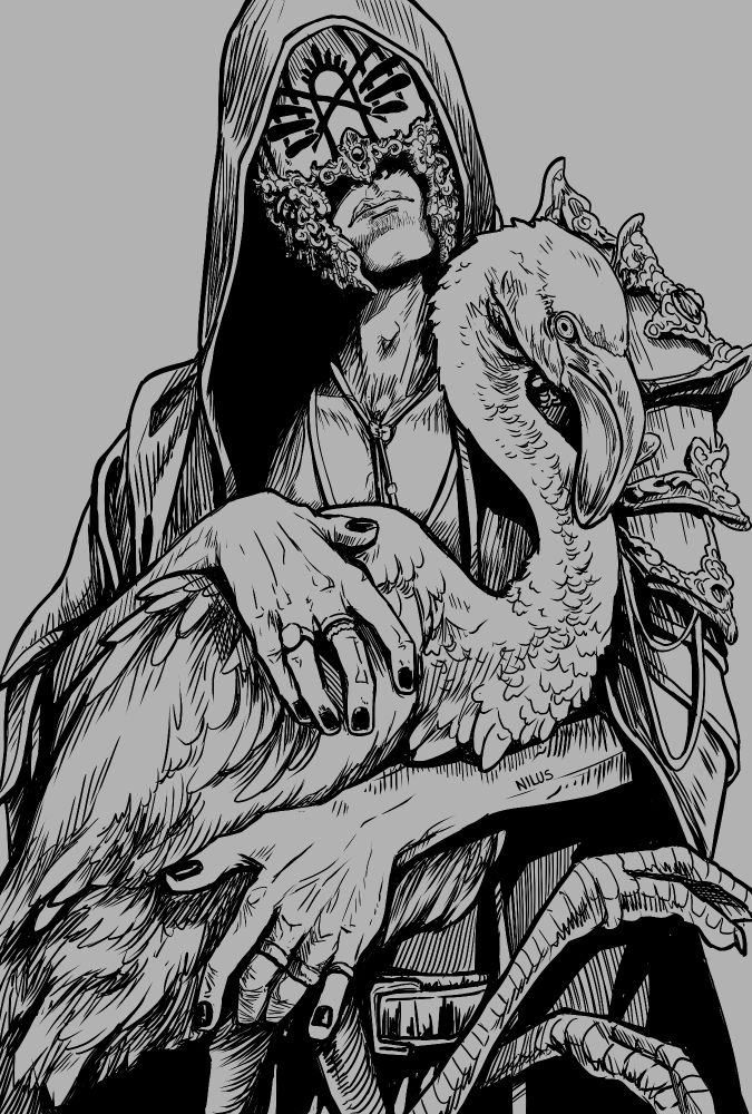 A sketch of Vessel from Sleep token. He is wearing his usual six-eyed mask and hood, and is holding a flamingo with both his hands.