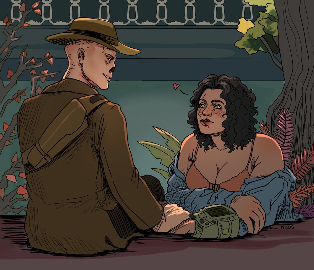 Cooper sits on a counter with his back to the viewer, while a woman leans over it, her arms crossed. His hand rests on top of hers; she blushes while he watches her with a smug expression.