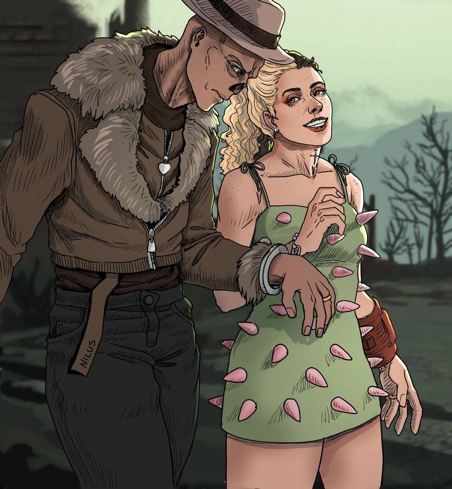 Cooper from Fallout walks through the wasteland beside a woman in a short, spiky dress. She wears a smug expression and a bracelet that cuffs her wrist to Cooper’s. He, on the other hand, doesn’t look too pleased.