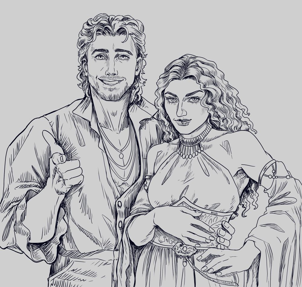A sketch of a couple. The man is a tall, young pirate wearing a flowy shirt and a big smile. He is doing a 'finger gun' with his left hand and holding the woman's waist with the other. The woman is looking intensely at the camera; she has long, curly hair and is wearing a silk dress.