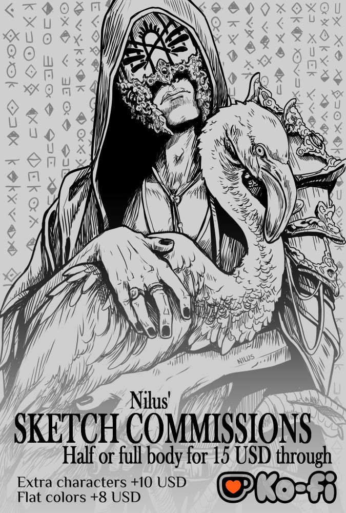 A sketch of Vessel from Sleep Token, holding a flamingo. Below reads: "Nilus' Sketch commissions. Half or full body for 15 USD through Ko-fi. Extra characters +10USD, Flat colors +8USD."

