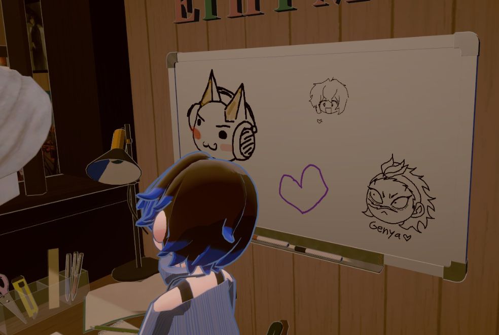 Image shows a screenshot from gogh: Focus With Your Avatar. An Avatar is siting at the desk and on the wall is a whiteboard. On it are drawings of a cat with headphones, chibi, purple heart and chibi Genya (made by yours truly).