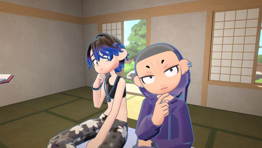 Image shows a screenshot from the game gogh - Focus with Your Avatar, featuring two avatars, Genya and Rei