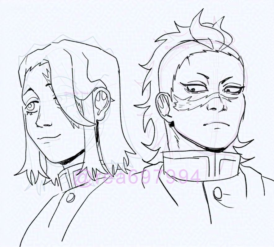 Image shows a digital drawing lineart portraits of KNY OC Rei and Genya Shinazugawa from Demon Slayer.