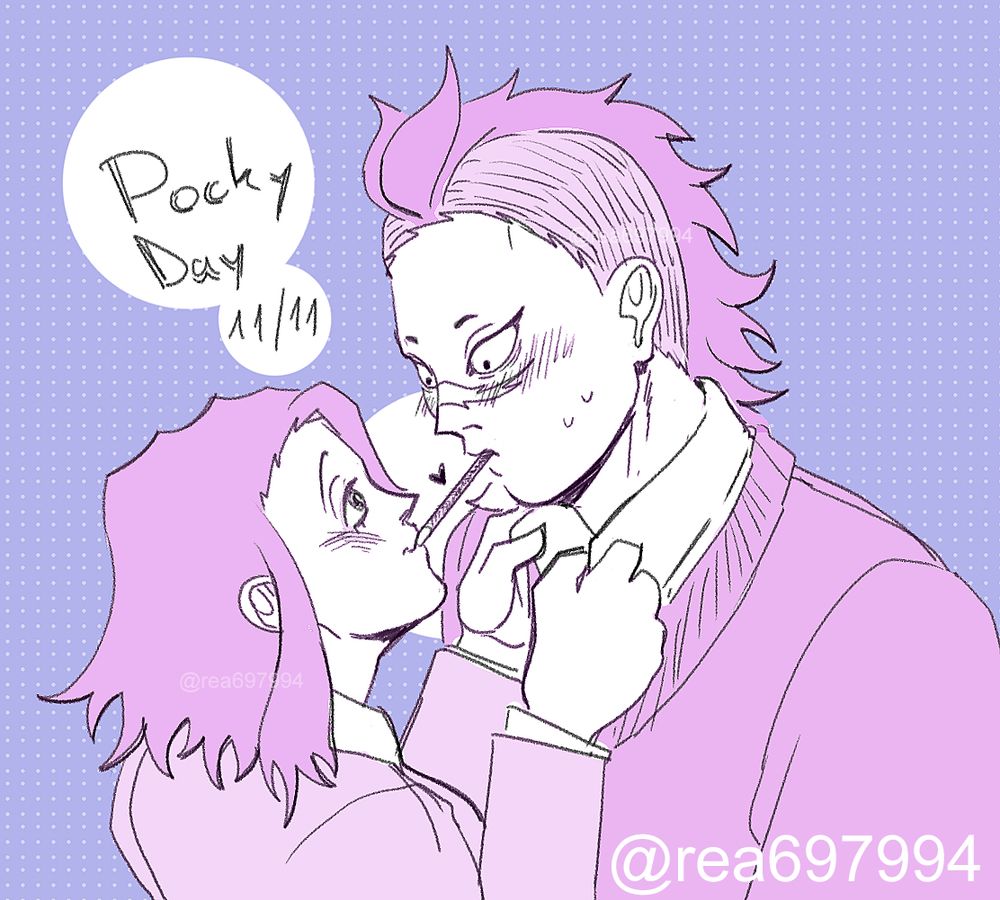 Image shows a digital drawing of Kimetsu Academy KNY OC Rei and Genya Shinazugawa. Rei is holding onto Genya's shirt and biting the other end of the pocky. Both are blushing and looking at each other.