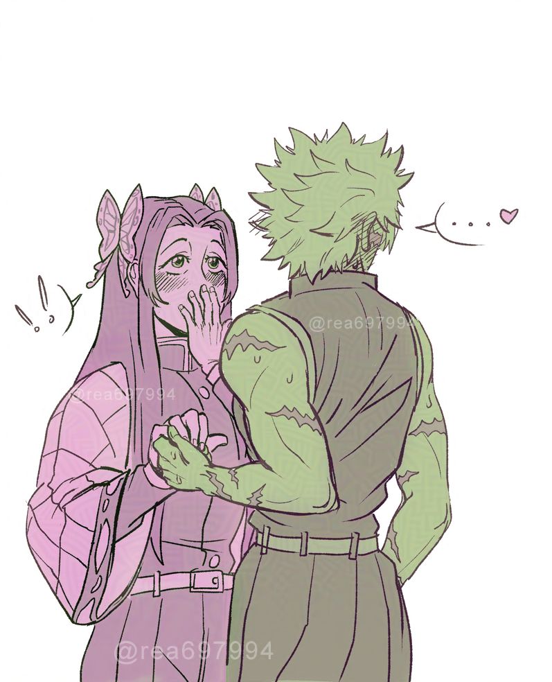 Image shows a digital drawing of Sanemi Shinazugawa holding Kanae Kocho's hand while turning his head away. Kanae is looking at Sanemi and has her hand over her mouth. Both are blushing.