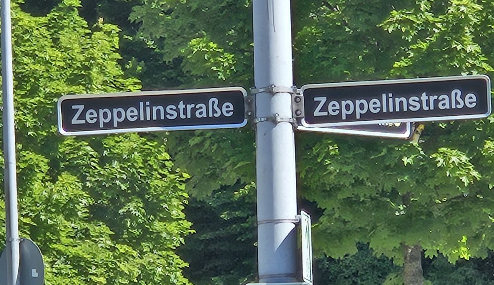 Photo of street name reading "Zeppelinstrasse" ("Zeppelin Street" in English).