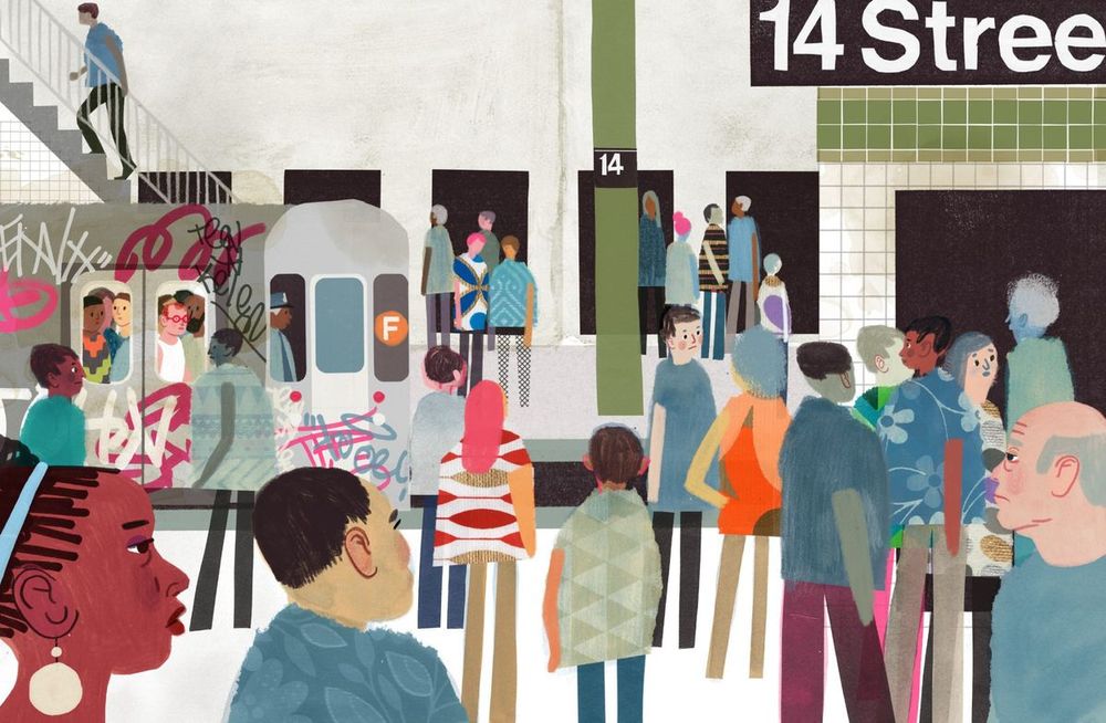 Beautiful illustration with colors of people waiting for the New York subway in the 14th Street station. Lots of different nationalities, colors, styles. 