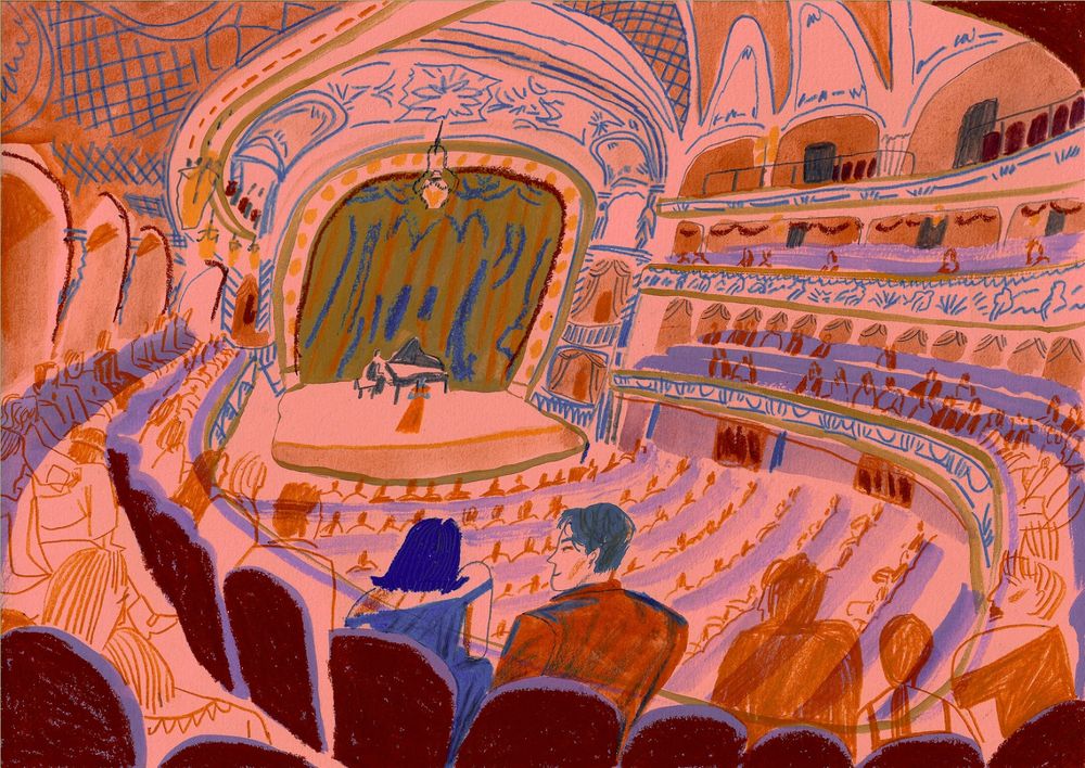 Colorful illustration of a couple sitting in a large rounded theater, watching and listening to a pianist play on stage below.