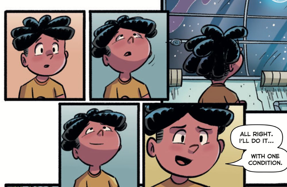 Panels from Space Case: The Graphic Novel of the main character, Dash looking up - the 2nd panel is the "hard angle" of drawing a character looking up - and saying, "All right. I'll do it...with one condition." He's looking up through the glass ceiling of the greenhouse at the night sky.