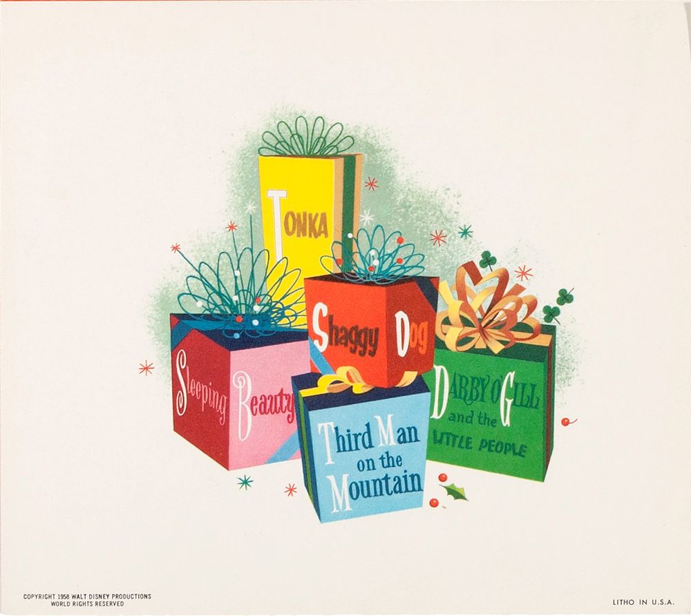 Illustration of five presents in different colors, with the titles of various movies on the boxes.