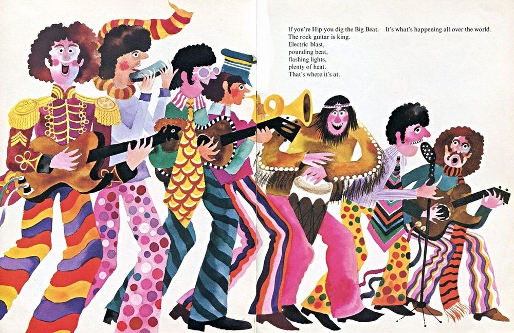 Illustration of very eclectic musicians playing with various instruments like guitars, bongo drums and singing, and wearing wild colorful outfits.