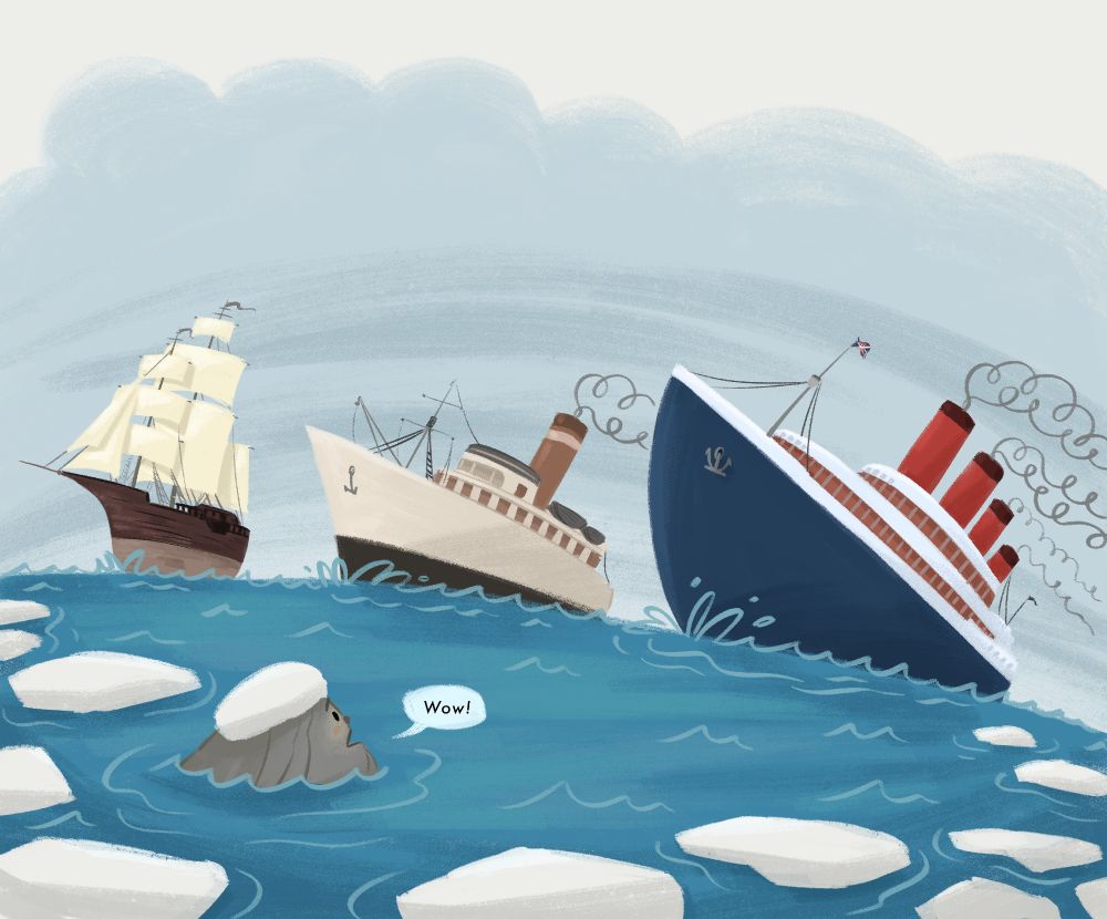 Illustration of three ships, one a vessel from the 18th century, one from the early 1900s, and one a much larger passenger ship from the later 20th century pass by a little island, who is looking on with wonder, saying "Wow!"