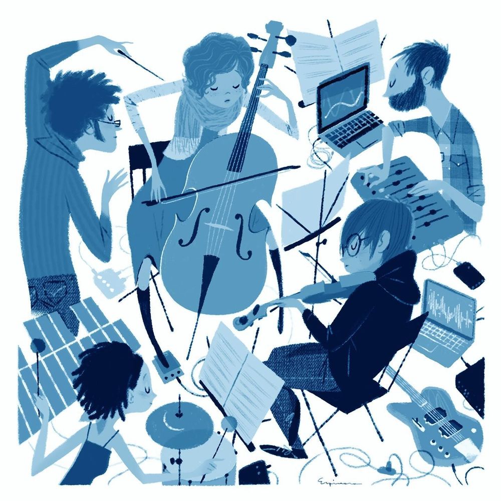 Fun illustration of several musicians all playing together with various instruments like a cello, drums, violin, vibraphone, laptop - with some great characters, all in shades of bluish grey.