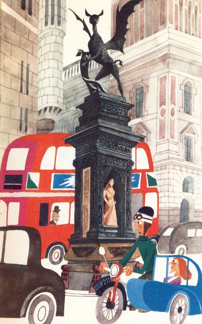 Painted illustration of a statue in a downtown Londone street, surrounded by traffic, with a motorcyclist with a side car (and passenger) in the foreground, and a double decker red tour bus in the background.