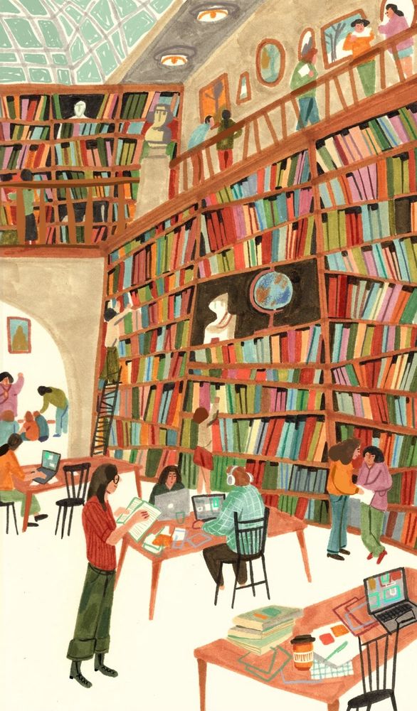 Colorful painted illustration of a scene in a library, with people milling around, looking at books, on their computers, and books stacked high on the right side of the image in extremely tall bookshelves.