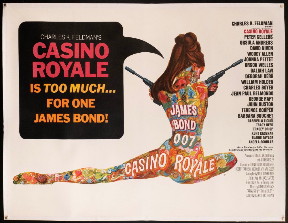 Movie poster for Casino Royale from the 1960s. There's a woman with full body paint on her, with the words "James Bond 007 Casino Royale" on her back and hindquarters. 