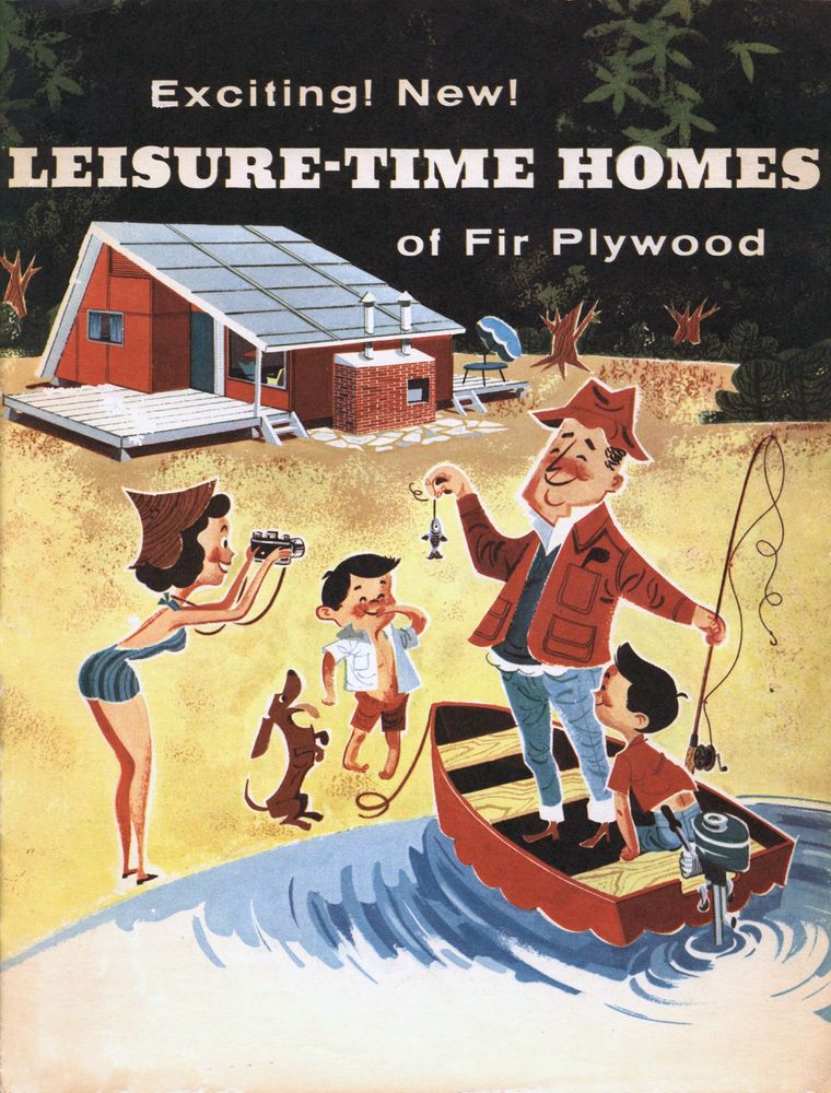 Fun illustration of a family at a forest cabin with a slant A-frame and the wife and kids are surrounding the dad who's standing in a little boat and has caught a very, very small fish. There's a little weiner dog in the scene, too.