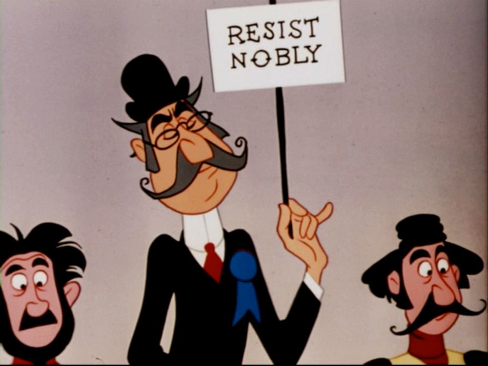 Still frame from a 1953 Disney cartoon of a gentleman with a nice handlebar mustache from the 1900s at a football game holding up a sign that says "Resist Nobly."