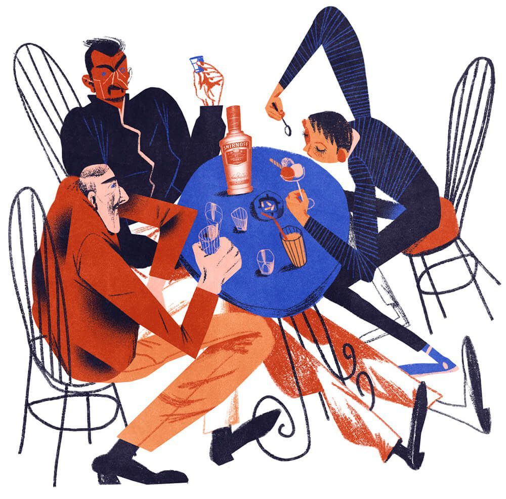 Fun illustration of three men sitting at a cafe table drinking Smirnoff vodka and one is eating ice cream with a spoon. The angles and colors of the men are striking and dynamic.