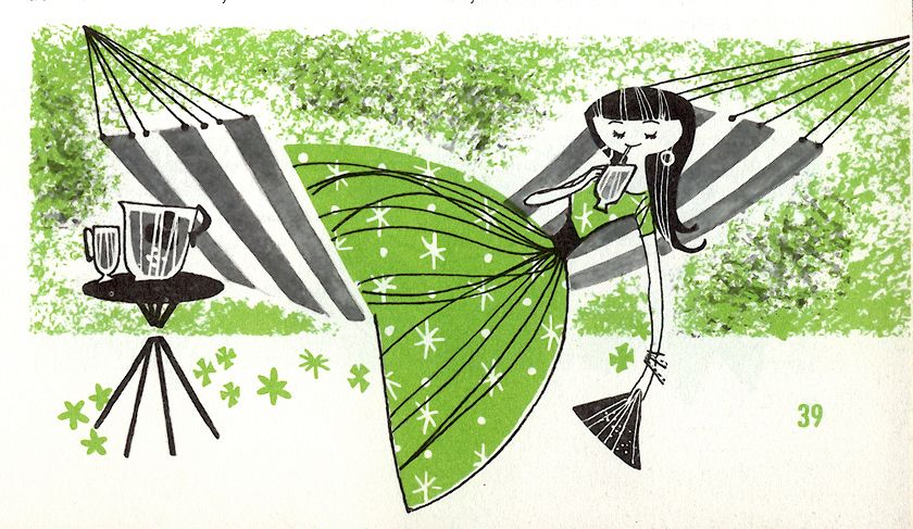 Lovely 1950s illustration of a young woman in a tea dress, sipping a cool drink and holding a fan, relaxing in a striped hammock.