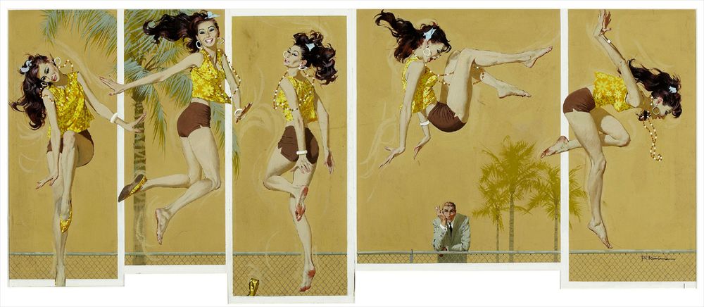 Illustration with various poses of a woman jumping around with a guy standing at a fence, watching her.