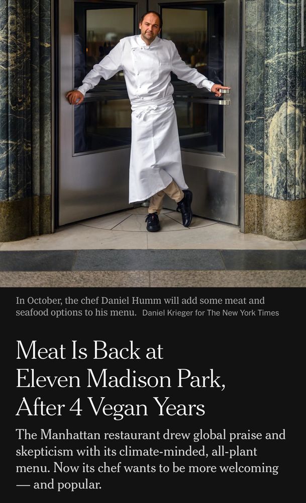 Screenshot of a NYT article that says “Meat Is Back at Eleven Madison Park, After 4 Vegan Years” with a picture of chef Daniel Humm