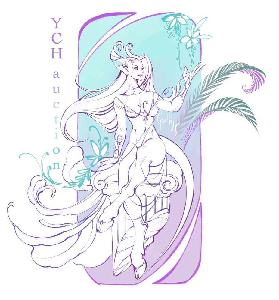 Slender horned girl with hooves sitting in flowers, YCH draft