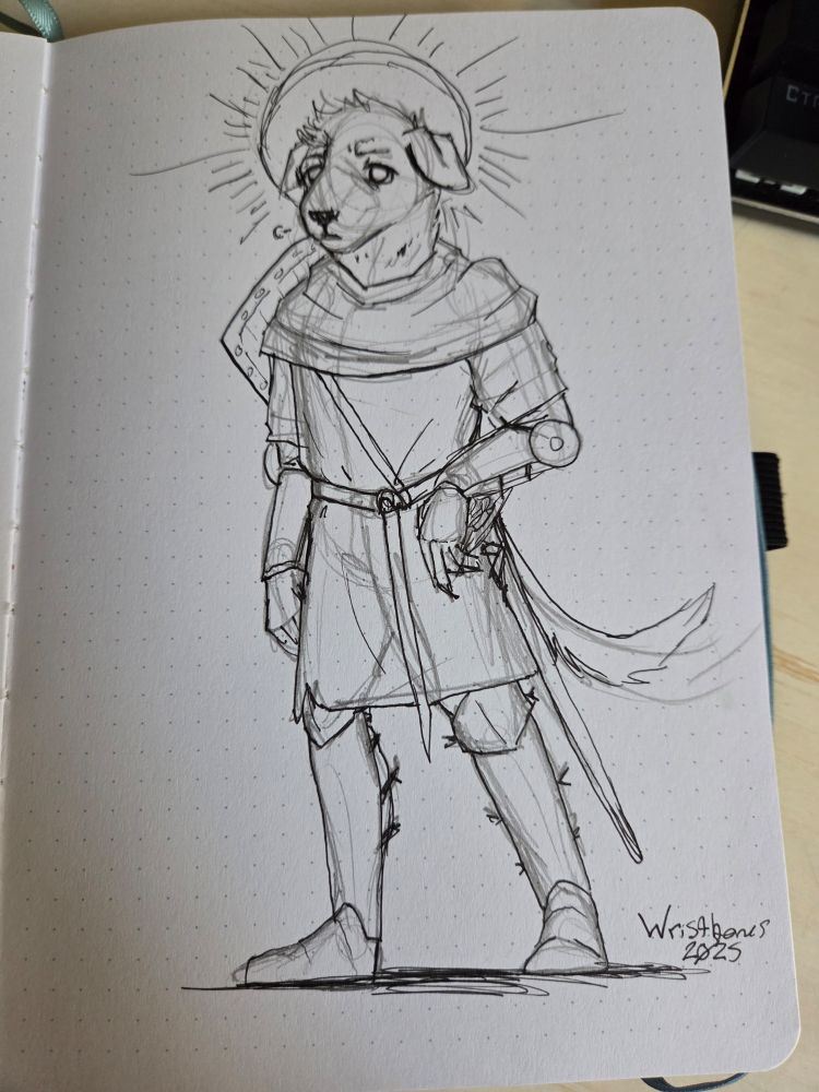 A rough pencil and pen sketch of Henry of Skalitz as a Labrador furry. He has a sketchy halo behind his head. He has an exhausted look on his face.