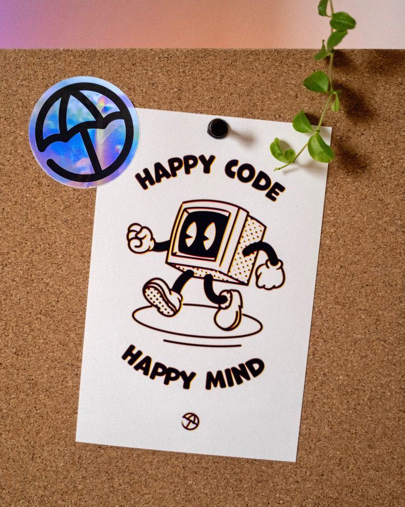 A jolly looking CRT monitor with arms and legs, with the tagline above and below it reading “happy code, happy mind”, and the poolside parasol logo
