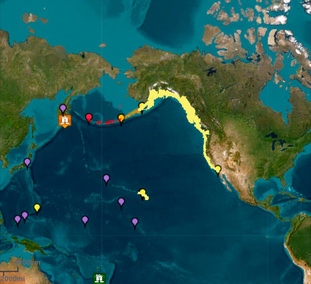 Map showing tsunami warning, advisory and watch areas from Alaska to Mexico