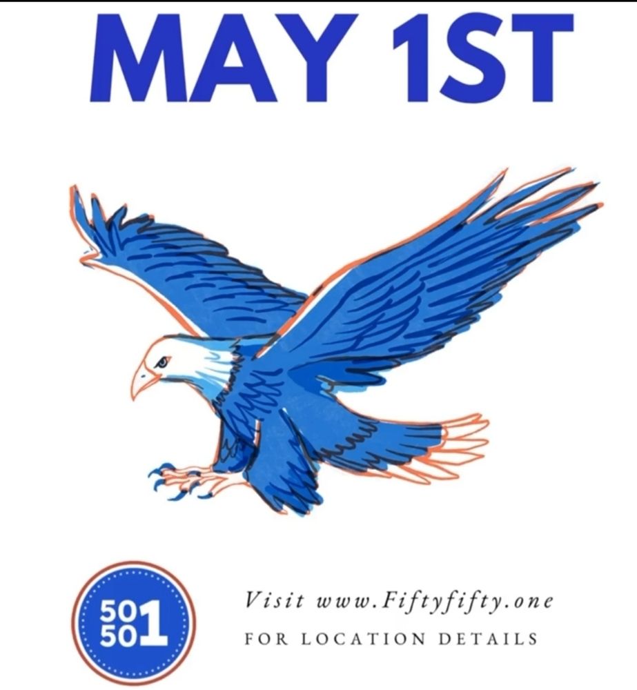 Graphic of a blue Bald Eagle with the words "May 1st" above it