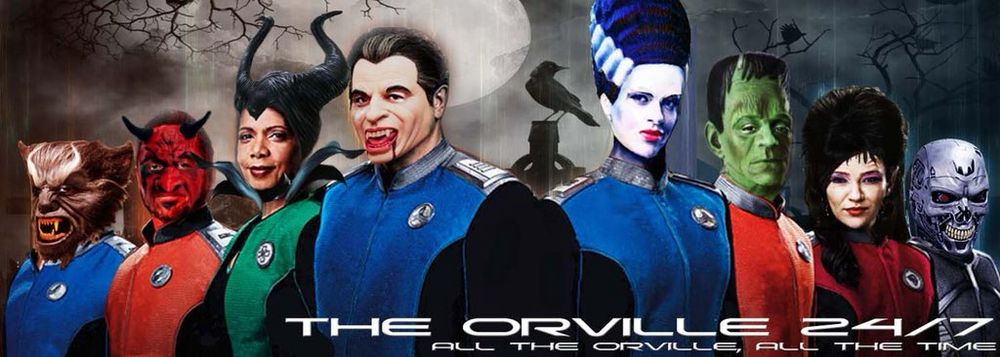 The Orville crew in Halloween costumes, created by @yesandagain.bsky.social for our fan site @theorville247 Bortus Wolfman, Gordon devil, Claire Maleficent, Capt. Ed vampire, Kelly Bride of Frankenstein, John Frankenstein, Talla vamp, Isaac monster bot
