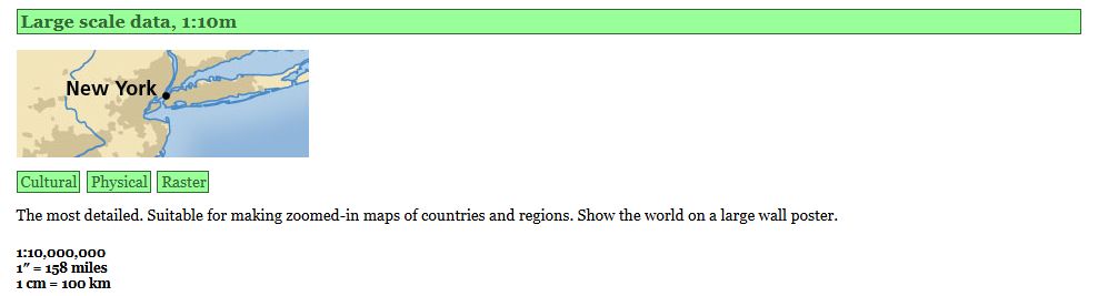 A screenshot of naturalearthdata.com's downloads page, calling attention to the large scale data.
