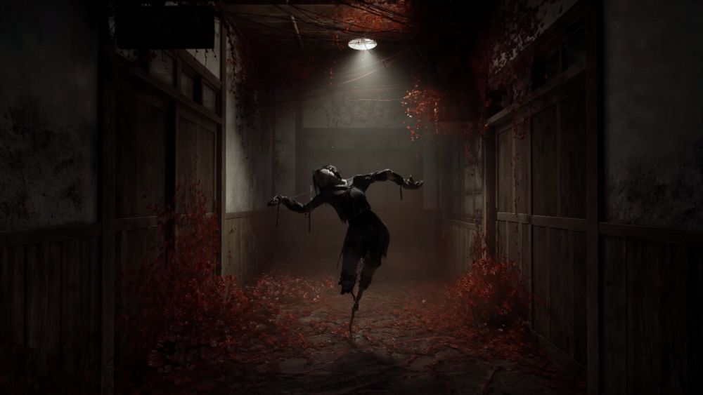 A twisted, scarecrow-like figure stands in a dark hallway filled with red fungus.