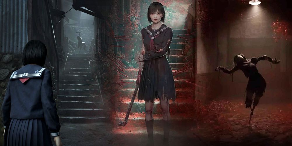 Three scenes are depicted from left to right. The first on the left shows the back of the protagonist of the game, a young Japanese woman in a sailor suit, as she is about to climb some stairs toward some shambling monsters in the background. In the middle is the same girl, clothes torn and bloody, wielding a long metal pipe. On the right is a twisted figure made to look almost like a scarecrow in a hallway covered in red fungus.