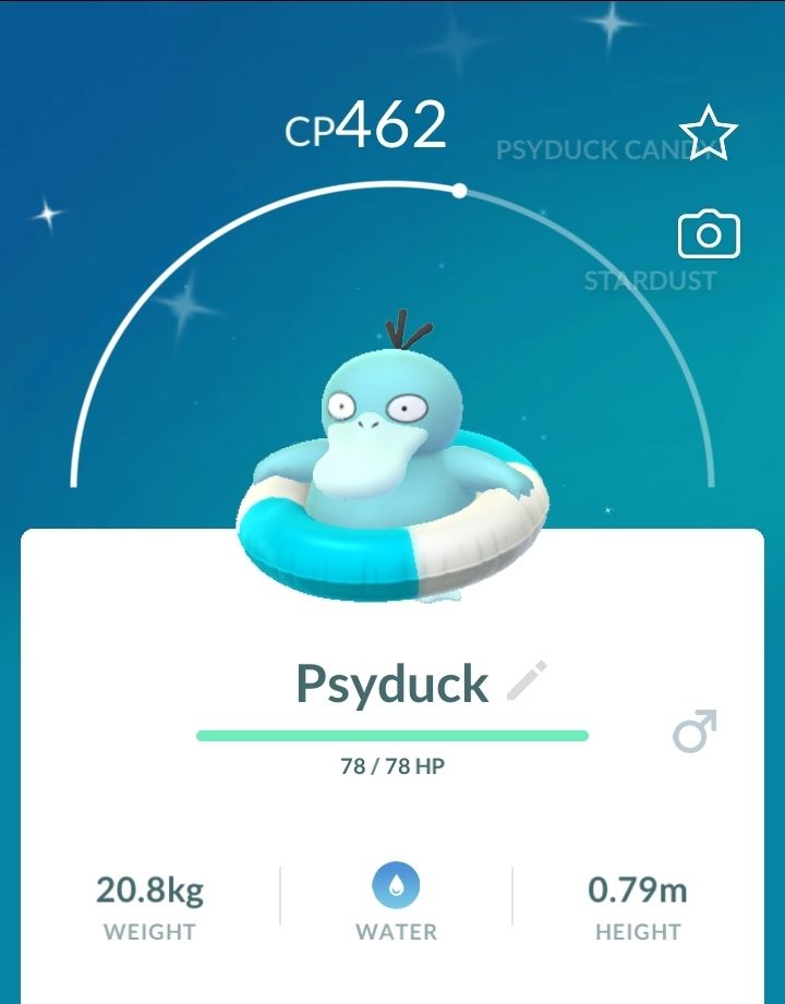 A screenshot from Pokemon Go featuring a shiny Psyduck, a blue duck-like Pokemon who is wearing a white and blue striped inner tube around his waist.