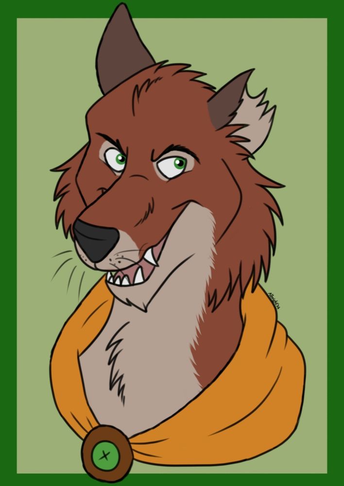 A head shot portrait of a red fox. He has a white mouth, jaw and throat and brown ears. His eyes are green, and he's wearing a yellow cloak, fastened by a brass and emerald buckle. He is missing half his left ear (our right) and he's smiling suspiciously. The background is light green with a dark green frame.