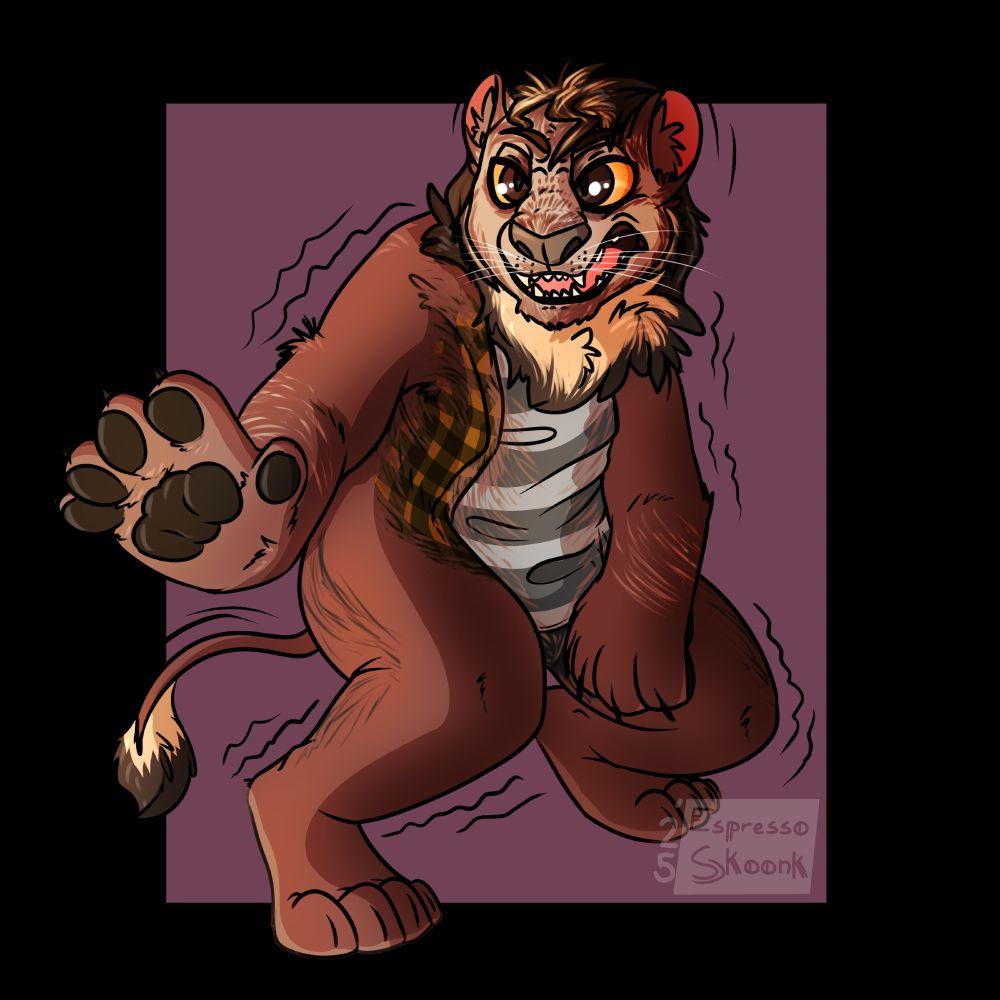 A human in the late stage of transforming into a non-anthro lion, snarling, extending a pawhand and unsheathing claws to show what they really mean~