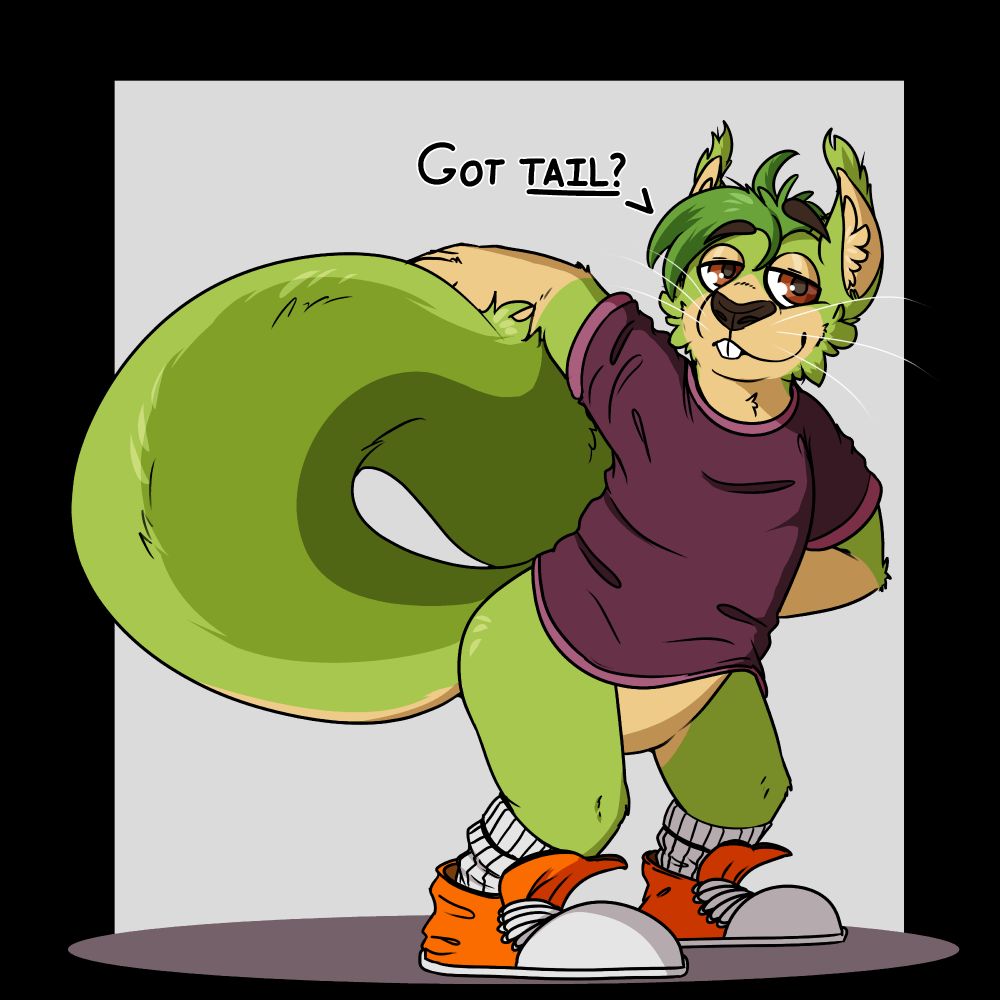 Pistachio the green red squirrel holding their tail, legs flexed a bit, with a smirk, asking: "Got tail?"