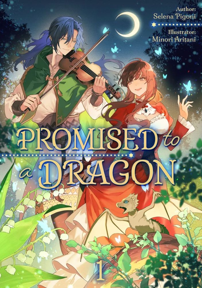 Book cover for "Promised to a Dragon" available from J-Novel Club

Cover depicts a man and woman in a forest at night. The man has long black hair pulled into a ponytail and is playing a violin. The woman has long brown hair and is watching the man. In the foreground is a tiny dragon.

A Crescent moon hangs in the night sky. Around them, sparkling butterflies flutter.