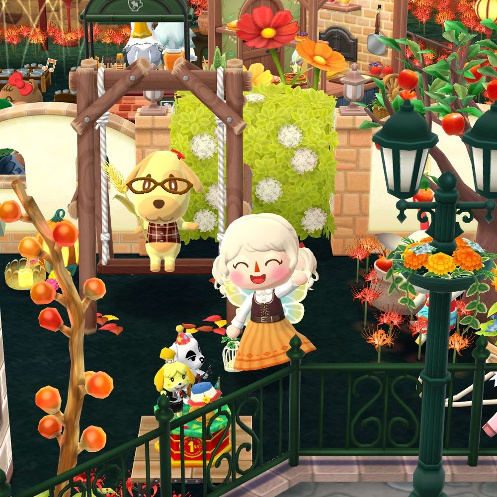 My in game character waving to the camera, a yellow dog - goldie - is sat on a swing