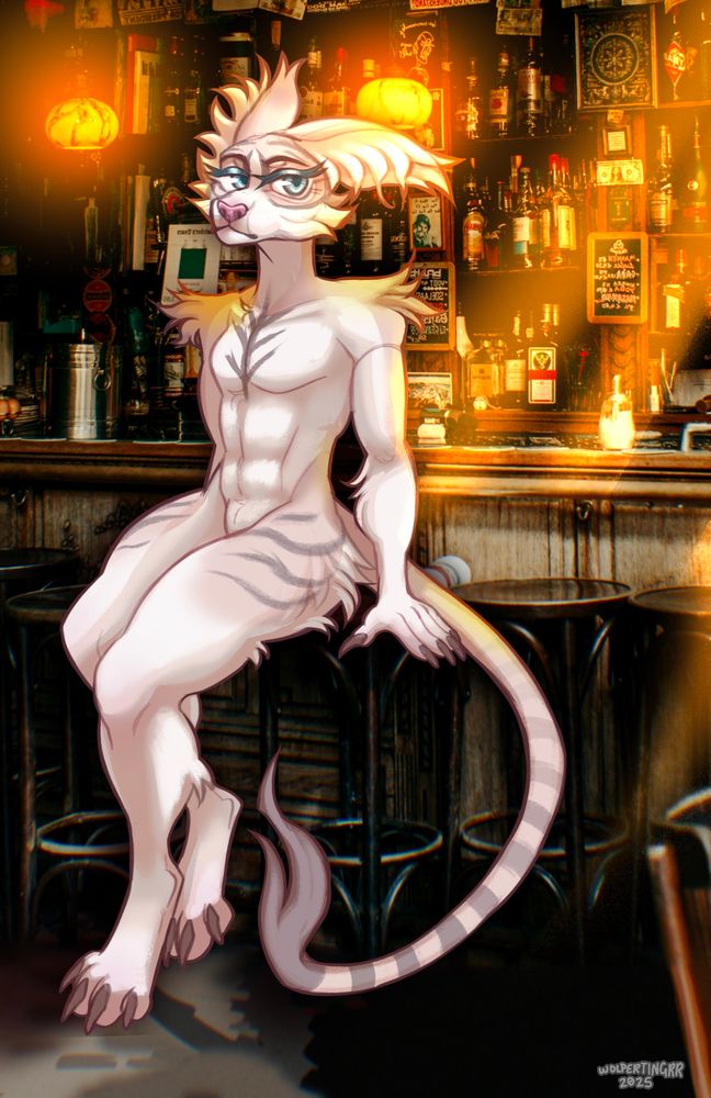 a were-lynx sitting in a bar stone-faced staring at you