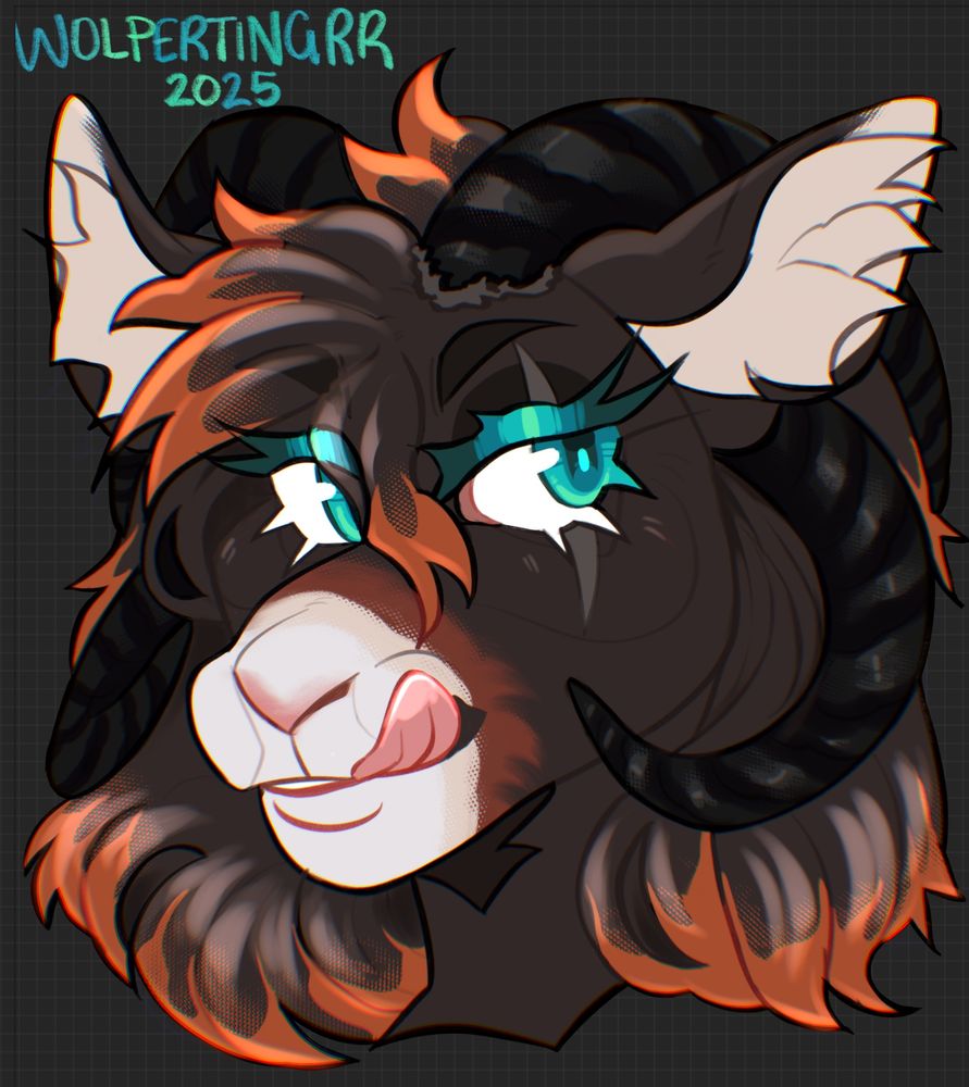 a four-horned goat lady licking her lips in a small smile. her eyes are a deep green, she's a dark brown with red fire-like highlights in her hair