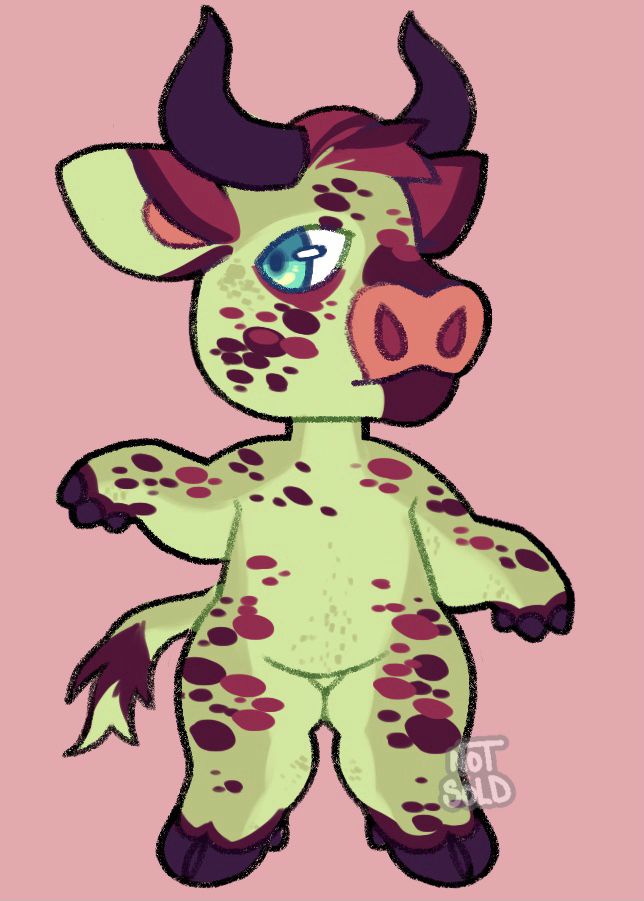 a green and pink spotted bull
