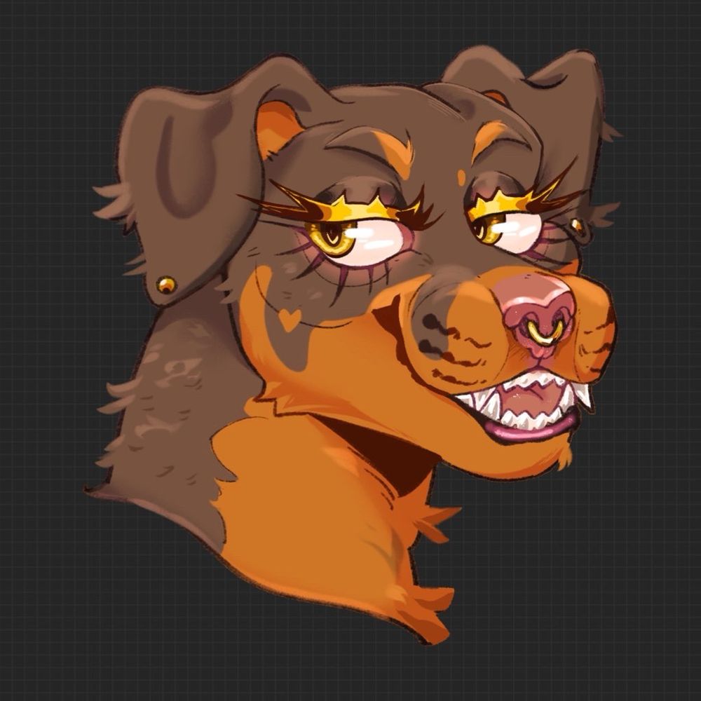a cute rottie girl! she is fawn colored and has lighter features than the usual rottweiler breed. she has a couple of piercings and is looking off to her left while smiling.