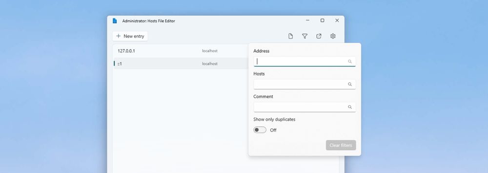 PowerToys Hosts File Editor UI with dialog open for a new entry