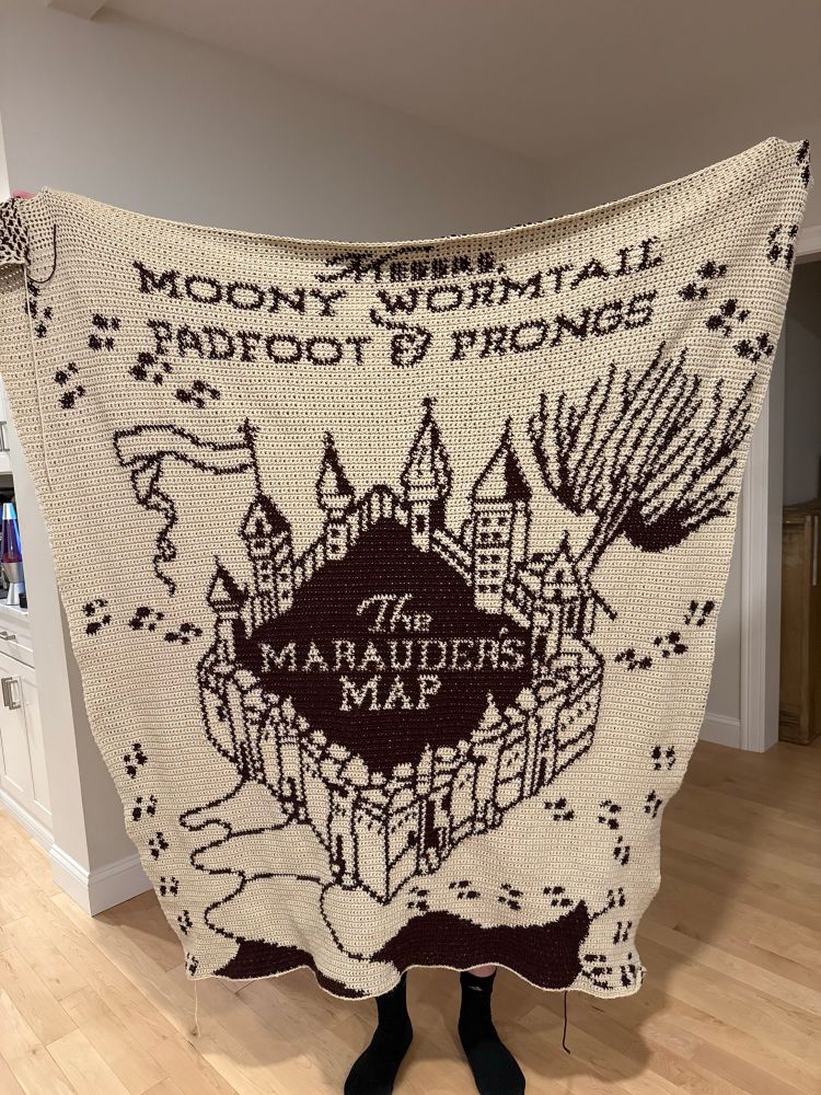 Crocheted blanket of the Marauder’s Map from Harry Potter